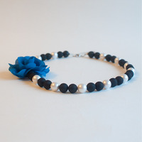 Japanese Cotton Pearls Blue Silk Flower Necklace Nl0905 - Thumbnail 1
