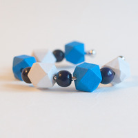 Wood Beads Blue & White Bracelet Cuff BL0907 - Thumbnail 1