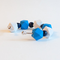 Wood Beads Blue & White Bracelet Cuff BL0907 - Thumbnail 2