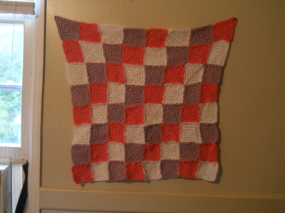 3 Color Square Crochet Blanket & 3 Croceht Baby Booties 