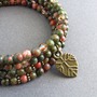 Unakite Memory Wire Bracelet, leaf charm, green bracelet, gemstone bracelet, wrap bracelet, charm bracelet-1
