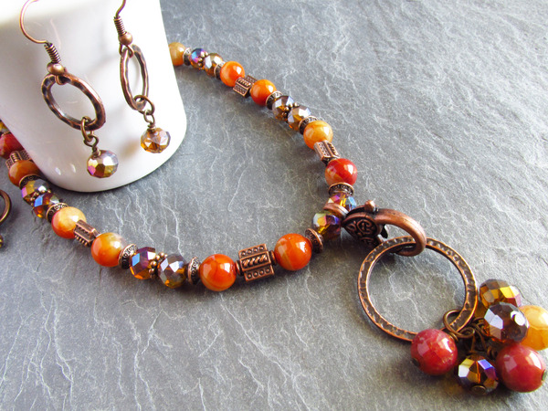Red Marbled Agate Necklace Set, gemstone necklace, necklace and earrings, orange necklace, colorful necklace