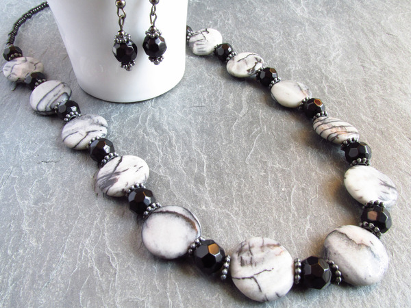 Spider Lace Jasper Necklace Set, gemstone necklace, black and grey, monochromatic necklace