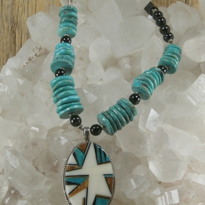 Turquoise and black tourmaline with inlay pendant