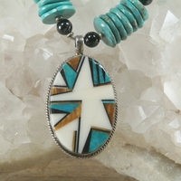 Turquoise and Black Tourmaline with Inlay Pendant - Thumbnail 1