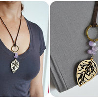 Wooden Leaf Necklace, Purple Quartz, Nature Lovers Gift, Canadian Jewelry - Thumbnail 1