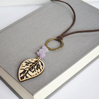 Wooden Leaf Necklace, Purple Quartz, Nature Lovers Gift, Canadian Jewelry - Thumbnail 5