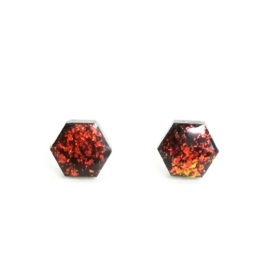 Fire opal hex earrings faux opalescent black hexagon post stud earrings