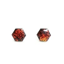 Fire Opal Hex Earrings Faux Opalescent Black Hexagon Post Stud Earrings