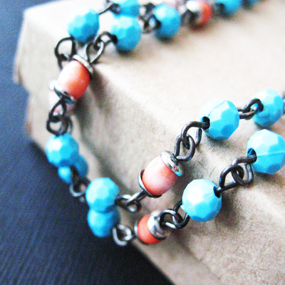 Turquoise and Coral Beaded Beach Necklace. Double Strand Boho Necklace. Gift For Women
