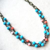 Turquoise and Coral Beaded Beach Necklace. Double Strand Boho Necklace. Gift For Women - Thumbnail 2