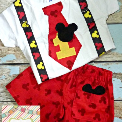 Boys mickey mouse birthday outfit, baby boys 1st birthday outfit, tie suspender birthday shirt w/ red mickey mouse shorts - Thumbnail 4