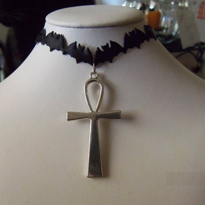 Bat ribbon choker with ankh charm