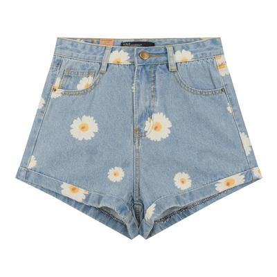 Free Shipping-LITTLE WHITE FLOWERS DENIM SHORTS