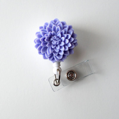 Lavender chrysanthemum flower  - name badge holder - retractable id badge reel  - nurse id badge clip - flower badge holder - teacher badge