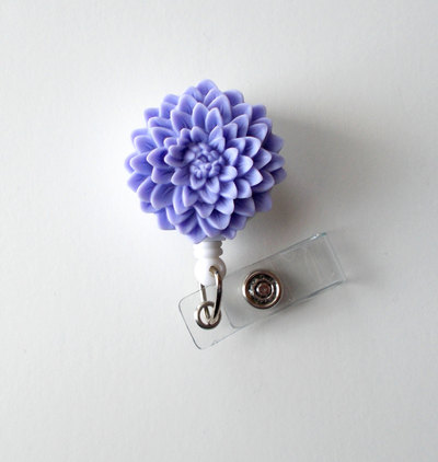 Lavender chrysanthemum flower  - name badge holder - retractable id badge reel  - nurse id badge clip - flower badge holder - teacher badge