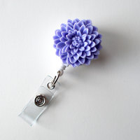 Lavender Chrysanthemum Flower  - Name Badge Holder - Retractable ID Badge Reel  - Nurse ID Badge Clip - Flower Badge Holder - Teacher Badge - Thumbnail 1