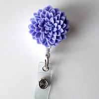 Lavender Chrysanthemum Flower  - Name Badge Holder - Retractable ID Badge Reel  - Nurse ID Badge Clip - Flower Badge Holder - Teacher Badge - Thumbnail 2