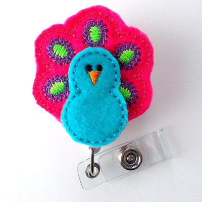 Blue and pink peacock - retractable id felt badge holder - id badge holder - rn badge - nurse badge holder - nursing badge clip