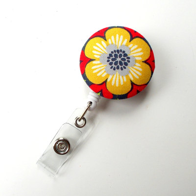 Flower red yellow gray - cute id badge reel - nurse badge holder - nursing badge reel - retractable id badge reel - teacher badge - nurse