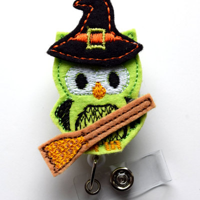 Witch owl - retractable id badge reel - name badge holder - nursing badge - nurse badge holder - nursing badge clip - felt badge