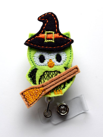 Witch owl - retractable id badge reel - name badge holder - nursing badge - nurse badge holder - nursing badge clip - felt badge