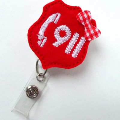Call 911 - retractable badge reel - name badge holder - police dispatcher badge holder - emt badge - felt badge - emergency management badge