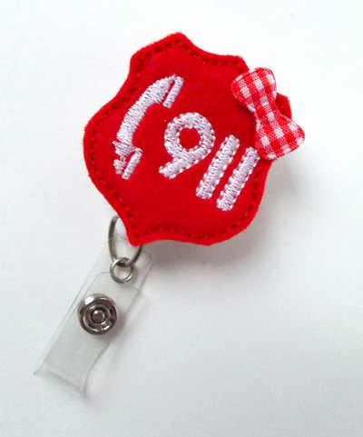 Call 911 - retractable badge reel - name badge holder - police dispatcher badge holder - emt badge - felt badge - emergency management badge
