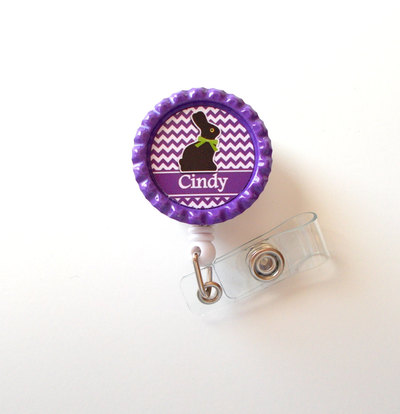 Personalized easter bunny purple - id badge holder - badge reel - name badge holder - bottle cap badge - nursing badge - nurse badge holder