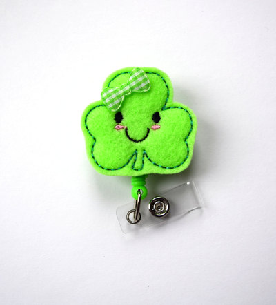 Happy shamrock - retractable badge reel - name badge holder - cute badge reel - nurse badge holder - nursing badge clip - felt badge - rn