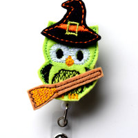 Witch Owl - Retractable ID Badge Reel - Name Badge Holder - Nursing Badge - Nurse Badge Holder - Nursing Badge Clip - Felt Badge - Thumbnail 1