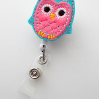 Pink and Aqua Blue Owl - Retractable Badge Reel - Name Badge Holder - Cute Badge Reel - Nurse Badge Holder - Nursing Badge Clip - Felt Badge - Thumbnail 1