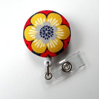 Flower Red Yellow Gray - Cute ID Badge Reel - Nurse Badge Holder - Nursing Badge Reel - Retractable ID Badge Reel - Teacher Badge - Nurse - Thumbnail 1