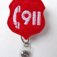 Call 911 - Retractable Badge Reel - Name Badge Holder - Police Dispatcher Badge Holder - EMT Badge - Felt Badge - Emergency Management Badge - Thumbnail 1