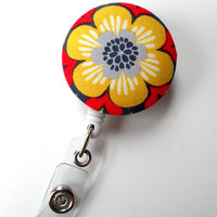 Flower Red Yellow Gray - Cute ID Badge Reel - Nurse Badge Holder - Nursing Badge Reel - Retractable ID Badge Reel - Teacher Badge - Nurse - Thumbnail 2