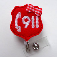 Call 911 - Retractable Badge Reel - Name Badge Holder - Police Dispatcher Badge Holder - EMT Badge - Felt Badge - Emergency Management Badge - Thumbnail 2