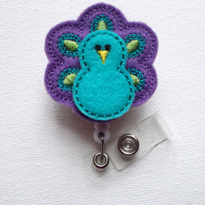 Blue and purple peacock - retractable id felt badge holder - id badge holder - rn badge - nurse badge holder - nursing badge clip