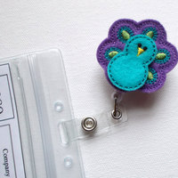 Blue and Purple Peacock - Retractable ID Felt Badge Holder - ID Badge Holder - RN Badge - Nurse Badge Holder - Nursing Badge Clip - Thumbnail 1