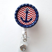 Chevron Anchor Red and Navy - Nursing Badge Holder - Teacher Badge Reel  - Nurse Name Badge - Nurses Badge - Cute ID Badge Reel - Sea Pass - Thumbnail 1