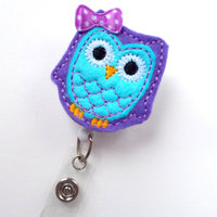 Blueberry Owl with bow - Cute Badge Holder - Nurses Badge Holder - Felt Badge - Nursing Badge Holder - Cute Badge Reel - RN Badge Reel - Thumbnail 1