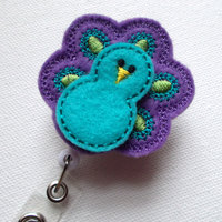 Blue and Purple Peacock - Retractable ID Felt Badge Holder - ID Badge Holder - RN Badge - Nurse Badge Holder - Nursing Badge Clip - Thumbnail 3