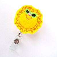 Sunshine with Green Glasses - ID Badge Reel - Badge Holder - Cute Badge Reel - Nurse Badge Holder - Felt Badge Reel - The Badge Shack - Thumbnail 1
