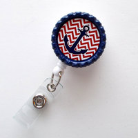 Chevron Anchor Red and Navy - Nursing Badge Holder - Teacher Badge Reel  - Nurse Name Badge - Nurses Badge - Cute ID Badge Reel - Sea Pass - Thumbnail 2