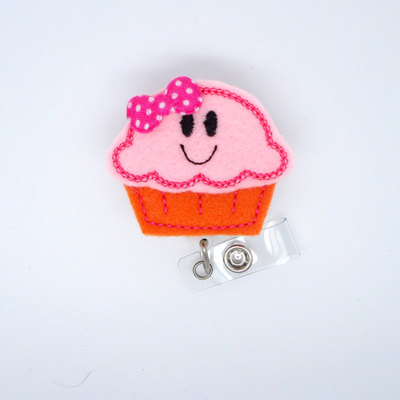 Smiling cupcake pink and orange - retractable id - name badge holder - nurse badge holder - badge holder - cute badge reel - nursing badge