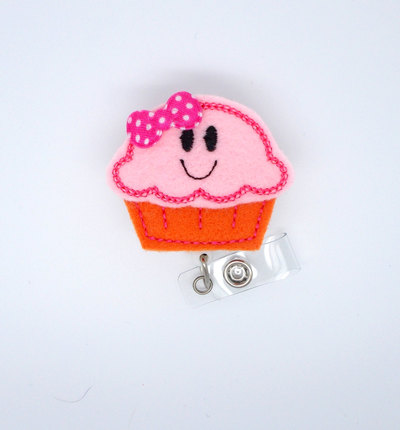 Smiling cupcake pink and orange - retractable id - name badge holder - nurse badge holder - badge holder - cute badge reel - nursing badge