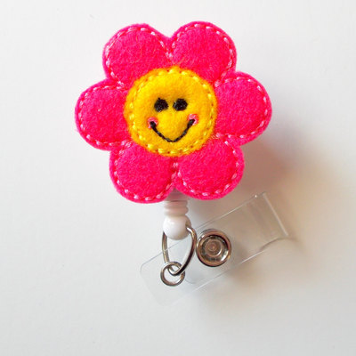 Happy flower - retractable id badge reel - md badge holder - cute badge reel - nurse badge holder - nursing badge clip - teacher badge