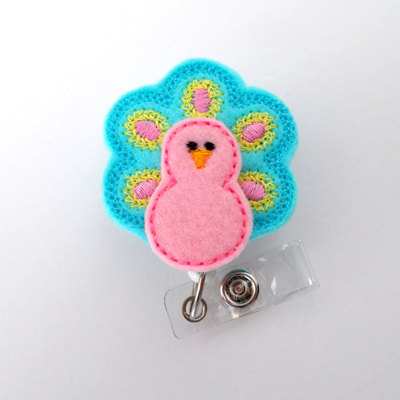 Pink and aqua peacock - retractable id felt badge holder - badge holders - rn badge - nurse badge holder - nursing badge clip - teacher id
