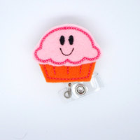 Smiling Cupcake Pink and Orange - Retractable ID - Name Badge Holder - Nurse Badge Holder - Badge Holder - Cute Badge Reel - Nursing Badge - Thumbnail 1