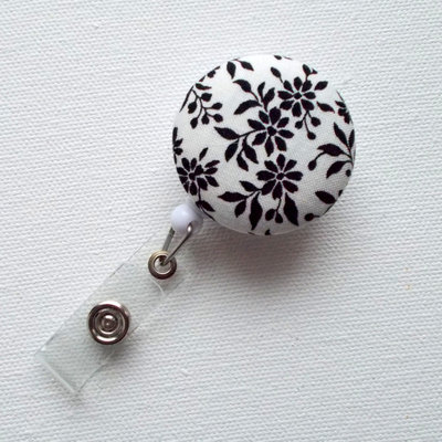 Black floral - retractable id badge holder - name badge holder - flower badge reel - nurse badge holder - teacher id badge reel