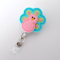 Pink and Aqua Peacock - Retractable ID Felt Badge Holder - Badge Holders - RN Badge - Nurse Badge Holder - Nursing Badge Clip - Teacher ID - Thumbnail 1
